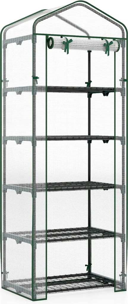 Mini estufa para interior e exterior 69 x 48 x 190 cm com 5 estantes, cobertura em PE e estrutura metálica antiferrugem jardim Verde+transparenet