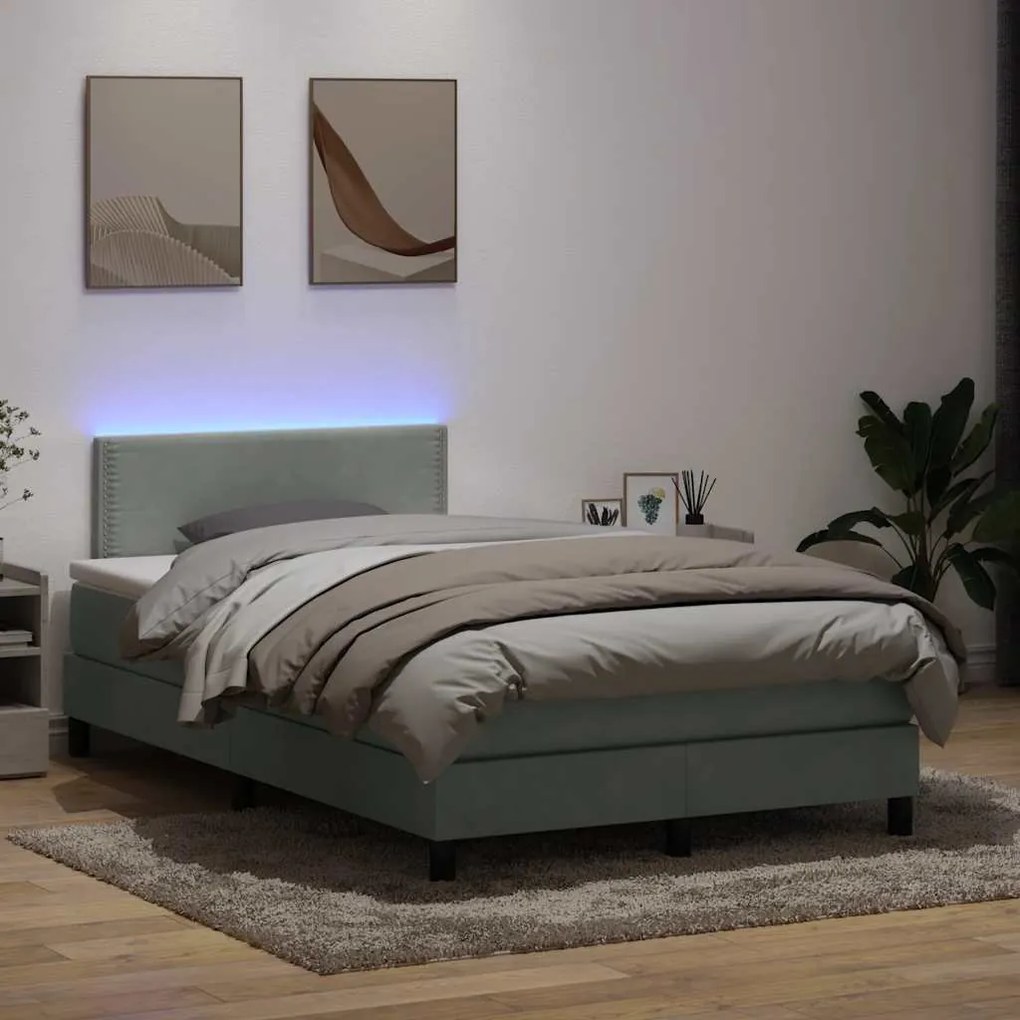 vidaXL Cama box spring c/ colchão e LED 120x210 cm veludo cinzento-claro