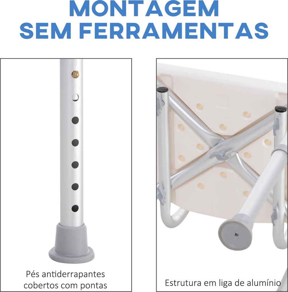 Cadeira para Duche Antiderrapante com Altura Ajustável em 8 Níveis Cadeira de Banho 50,6x43x71-88 cm Branco