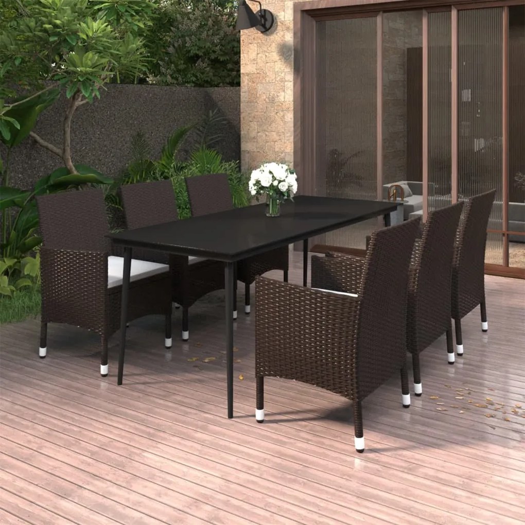 vidaXL 7 pcs conjunto de jantar p/ jardim c/ almofadões vime PE/vidro