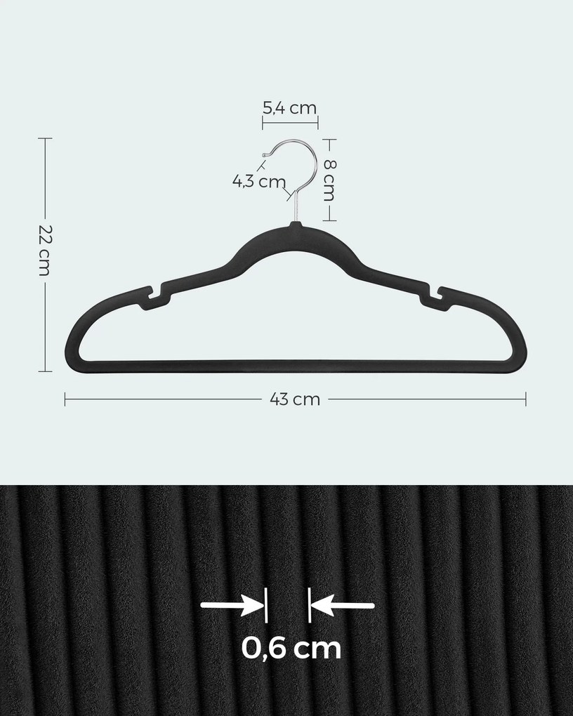 Conjunto de 50 cabides de veludo 43 x 22 cm preto