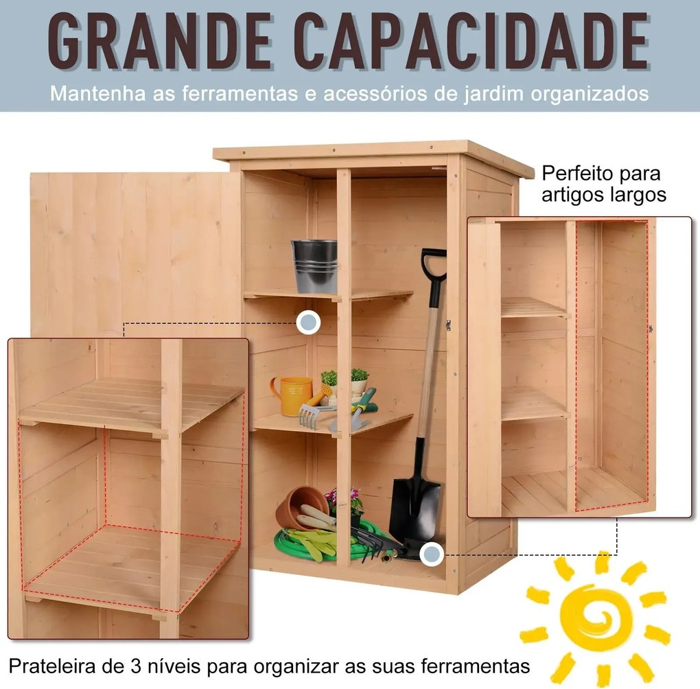 Armário de Jardim de Madeira para Ferramentas com 3 Prateleiras Interiores Porta com Trava e Teto Asfáltico 75x56x115cm Madeira