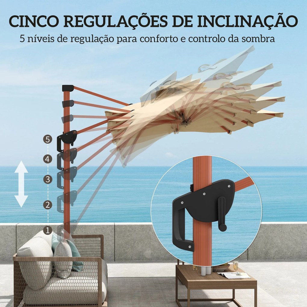 Chapéu de Sol Excêntrico 300x198x252 cm com Manivela Inclinação Ajustável Duplo Teto e Base Cruzada Giratória 360° Caqui