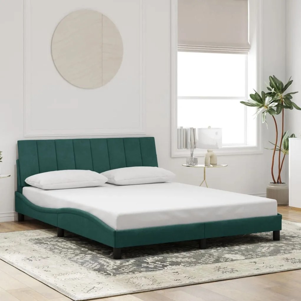 Estrutura de cama c/ luzes LED 160x200 cm veludo verde-escuro