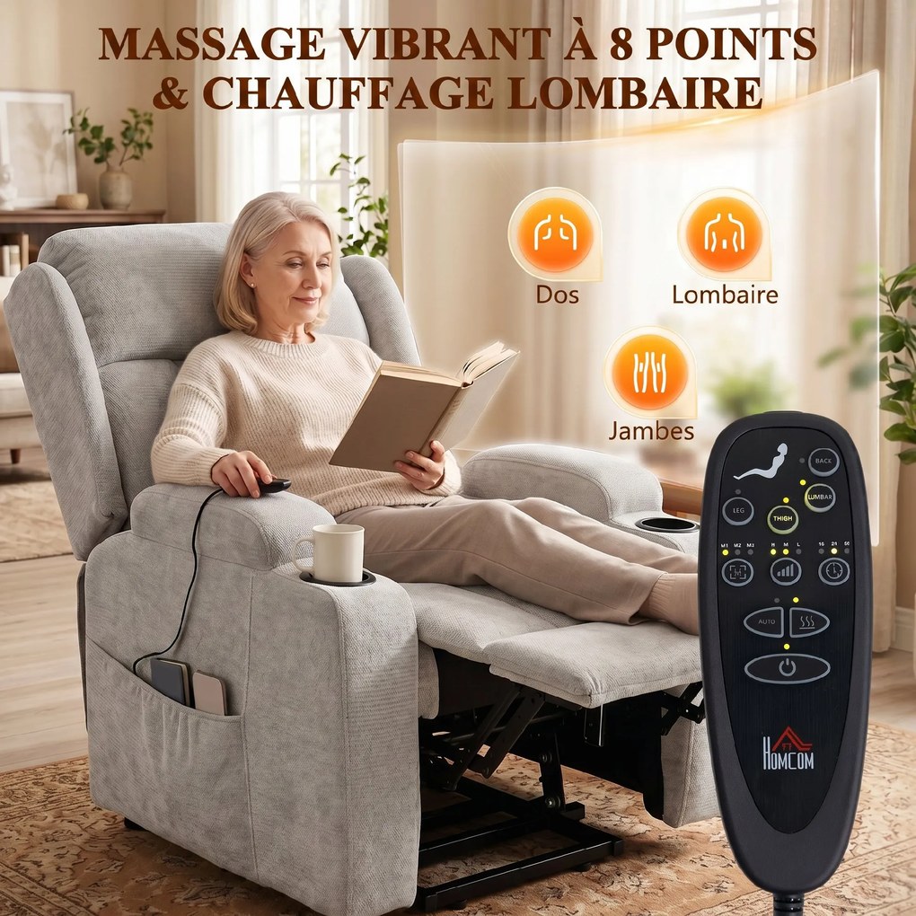 Poltrona Elevatória Elétrica Reclinável, 89 x 82 x 110 cm, Massagem Vibratória e Aquecimento Lombar, Cinzento