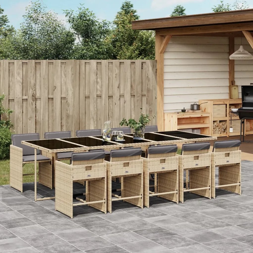 vidaXL 11 pcs conj. jantar jardim c/ almofadões vime PE bege misturado