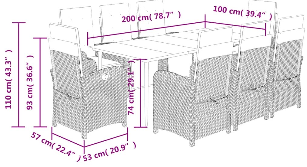 9 pcs conjunto de jantar p/ jardim com almofadões vime PE bege