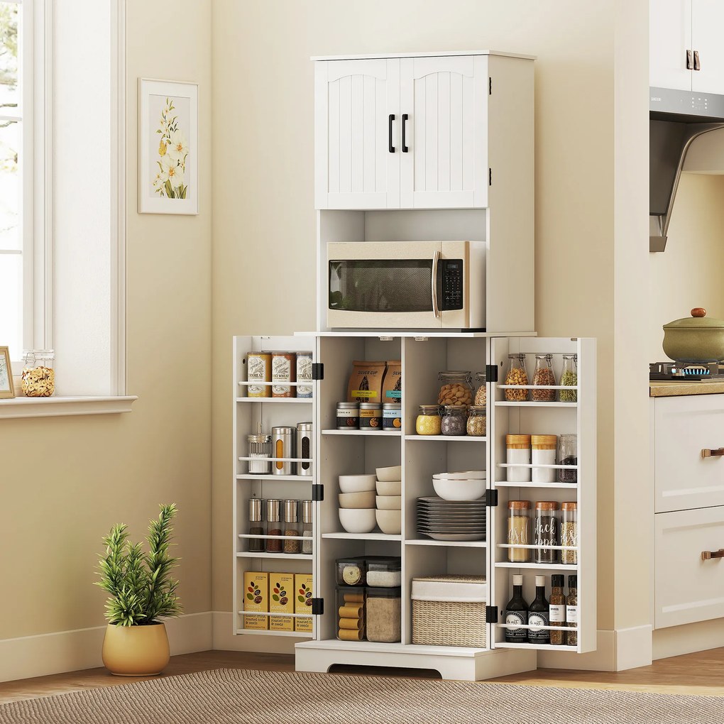 Armário alto de cozinha, 4 portas, bancada, 8 porta-especiarias, prateleiras ajustáveis, 60 x 40 x 181,5 cm, branco