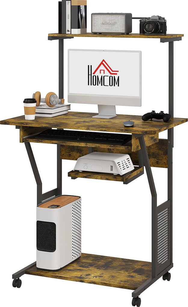 Secretária de Computador com Rodas, 80 x 50 x 130 cm, Prateleiras de Arrumação, Castanho