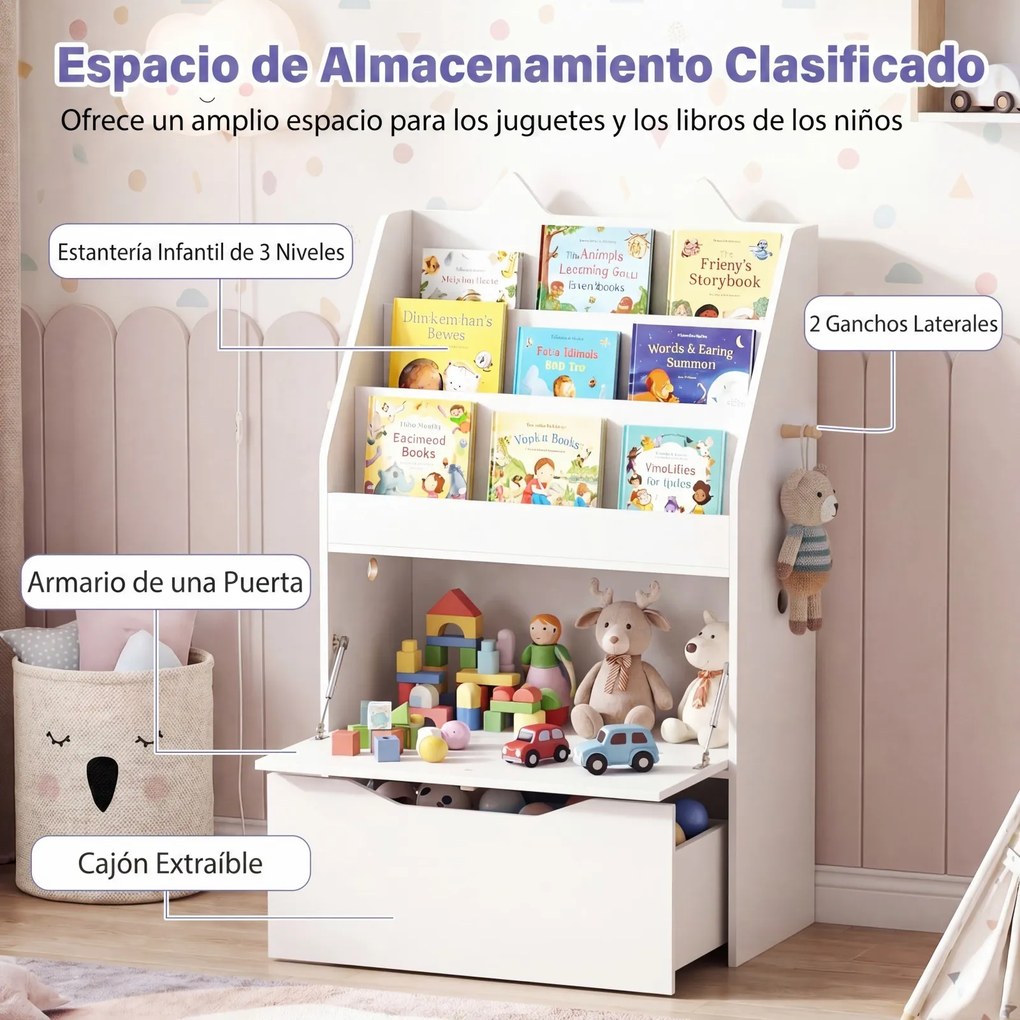 Estante Infantil para Livros e Brinquedos, 69 x 30 x 101 cm, Quadro de Ardósia Integrado, Branco