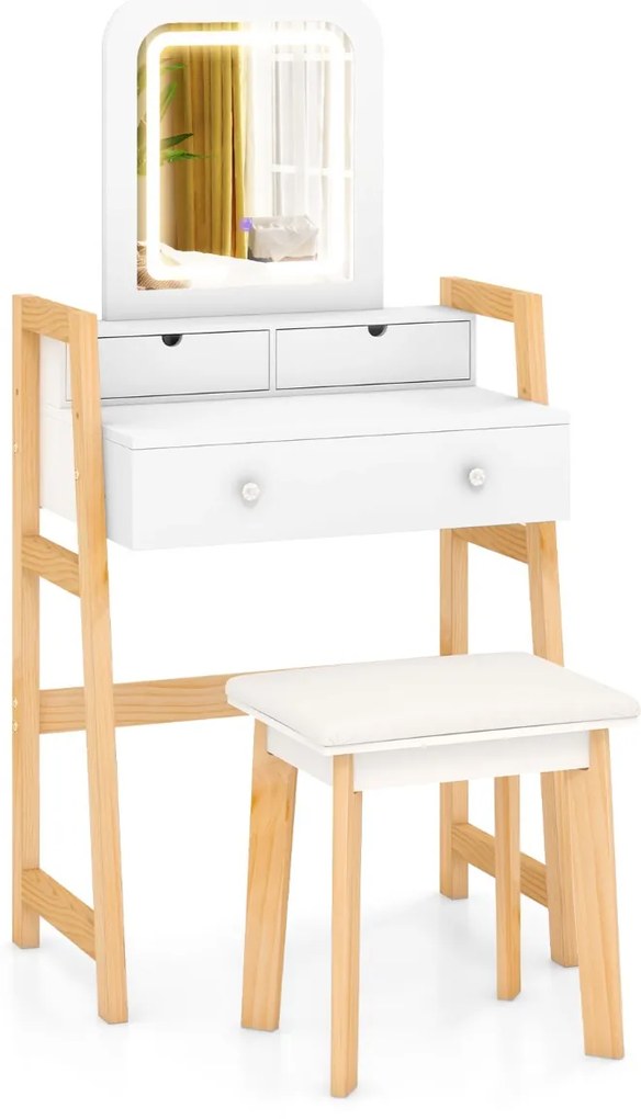 Toucador de maquilhagem em madeira com banco e espelho e 3 gavetas, toucador 64 x 41 x 137 cm, branco
