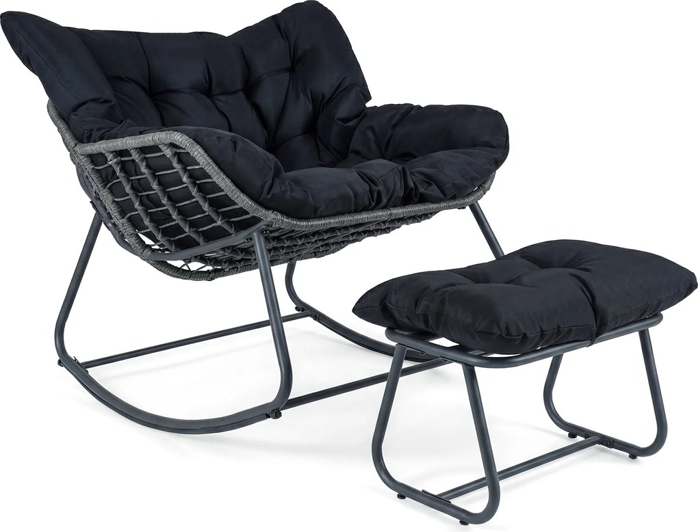 Cadeira de baloiço com apoio para os pés em rattan PE, almofadas removíveis, Estrutura metálica antiderrapante, capacidade de carga de 150 kg, para sa