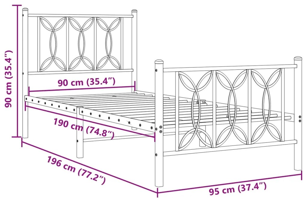 Estrutura de cama com cabeceira e pés 90x190 cm metal preto