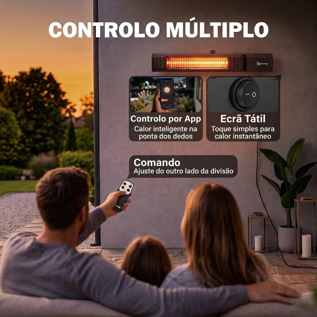 Aquecedor por Infravermelhos para Terraço 2000 W com Capa, IP65, Controlo por App/Tátil/Comando, 9 Níveis e Temporizador