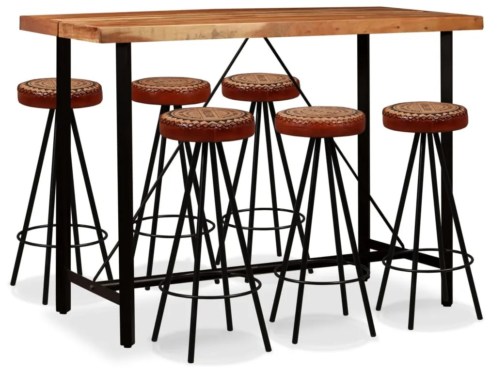 vidaXL Conjunto bar 7 pcs madeira acácia maciça couro genuíno e lona