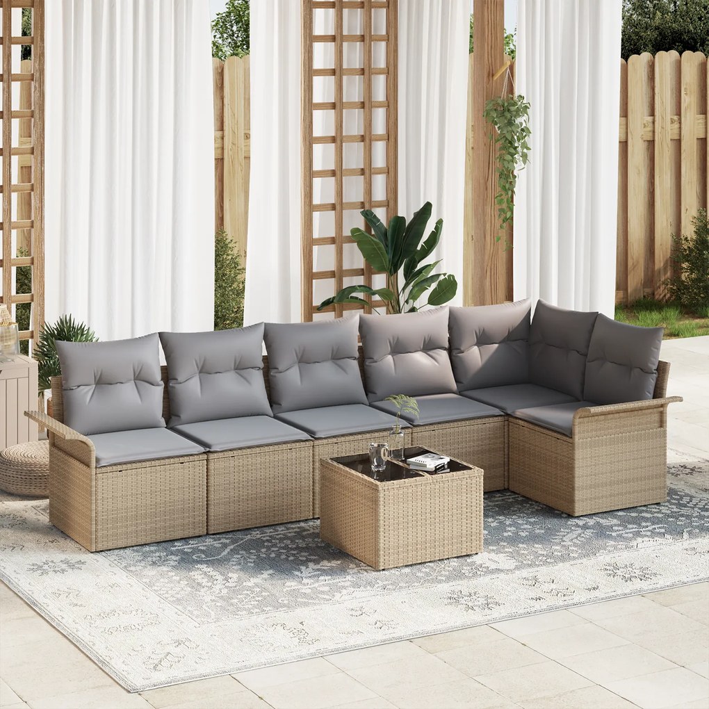 Conjunto de Sofá para Jardim vidaXL 7 Peças com Almofadas Vime Poly Pr