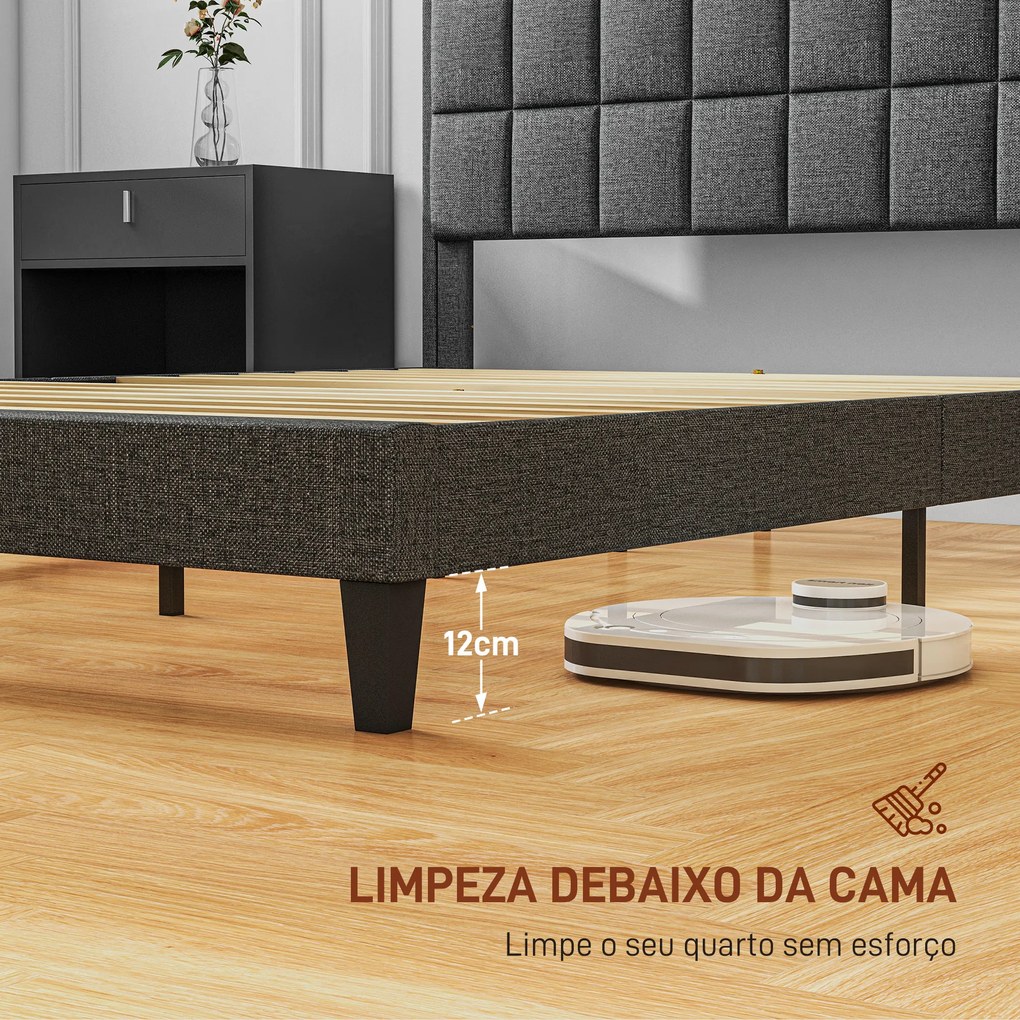 Estrutura de Cama 135x190 cm com Cabeceira Estofada em Linho e Espaço de Armazenamento Debaixo da Cama Cinza