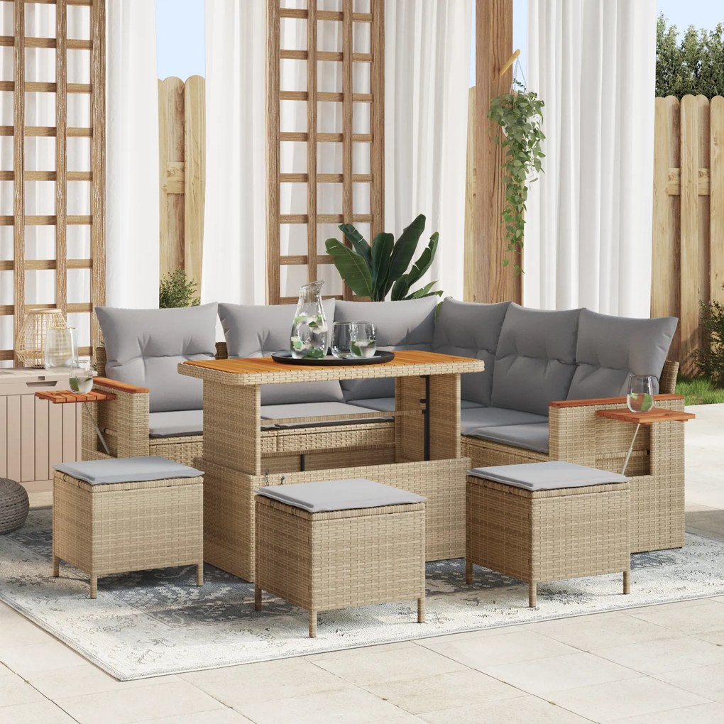 Conjunto de Sofá de Jardim vidaXL de 9 Peças com Almofadas em Bege Rattan PE Acácia