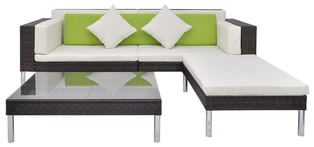 4 pcs conjunto lounge jardim c/ almofadões vime PE castanho