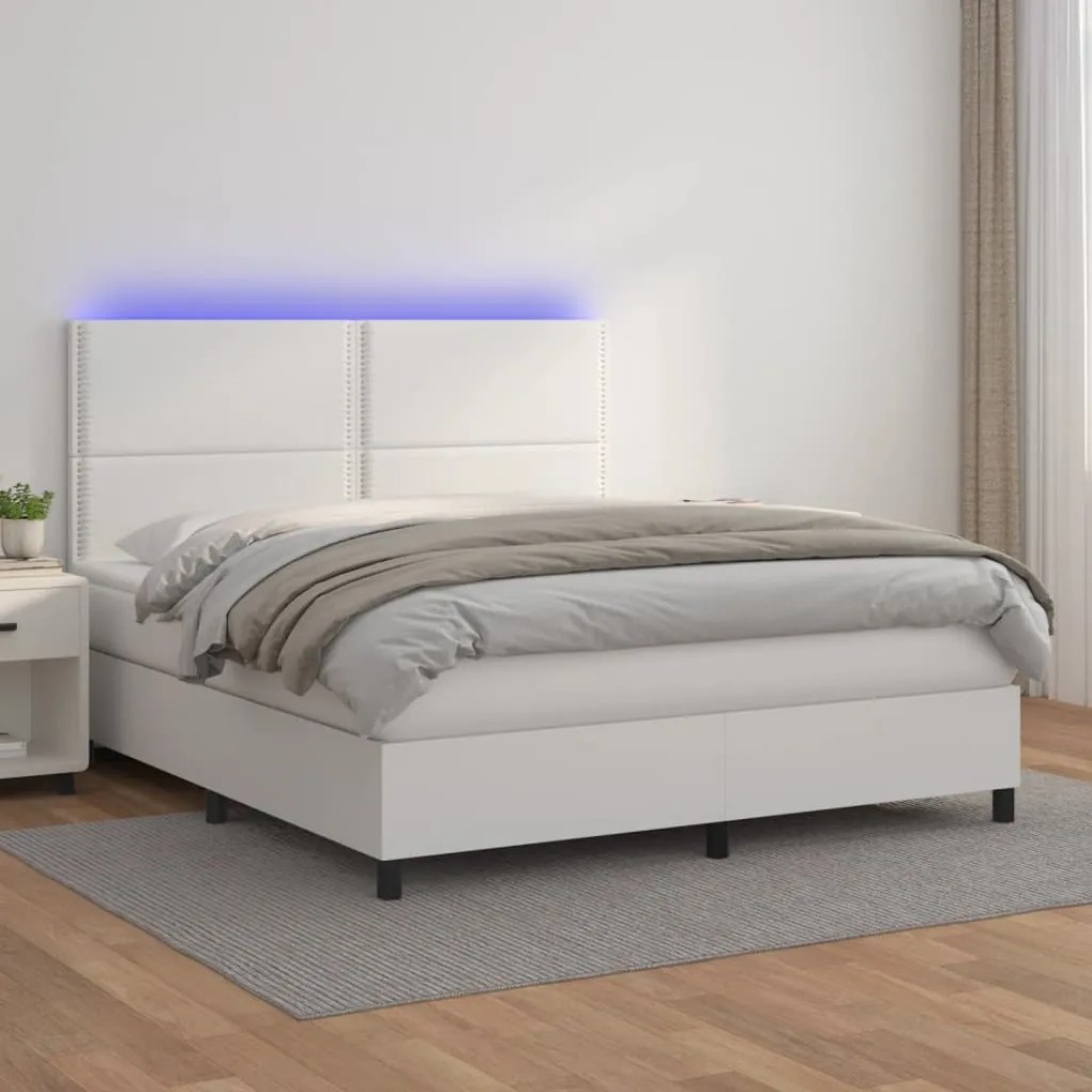 Cama box spring c/colchão/LED 180x200cm couro artificial branco