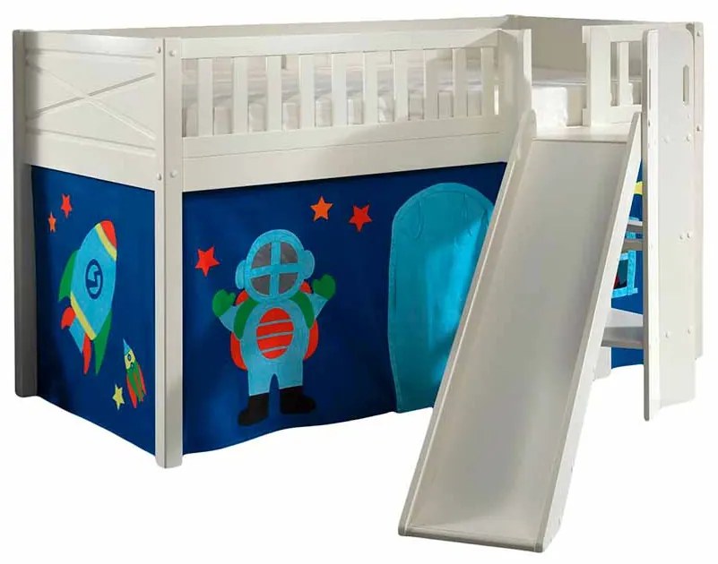 Conjunto cama Infantil SCOTT + escorrega + cortina de brincar ASTRO Branca