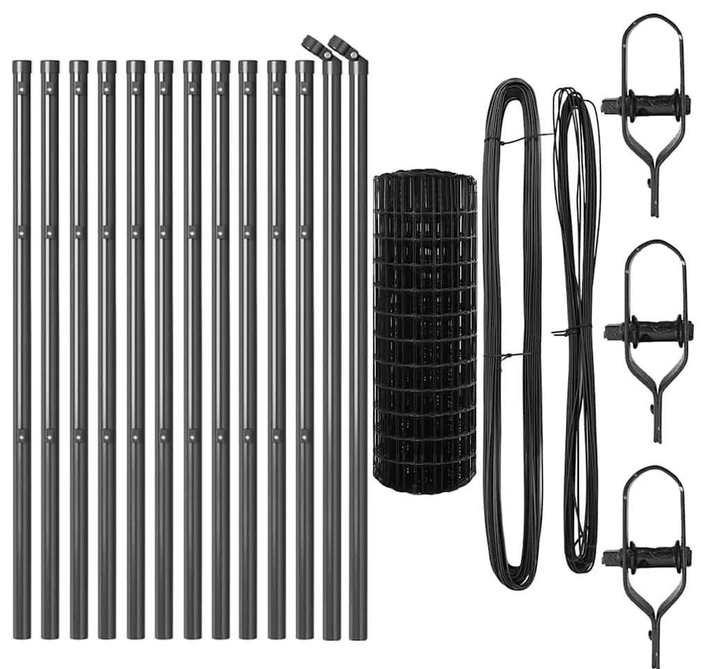 Cerca Euro com 13 postes, 0,6 x 25 m, em aço galvanizado cinza