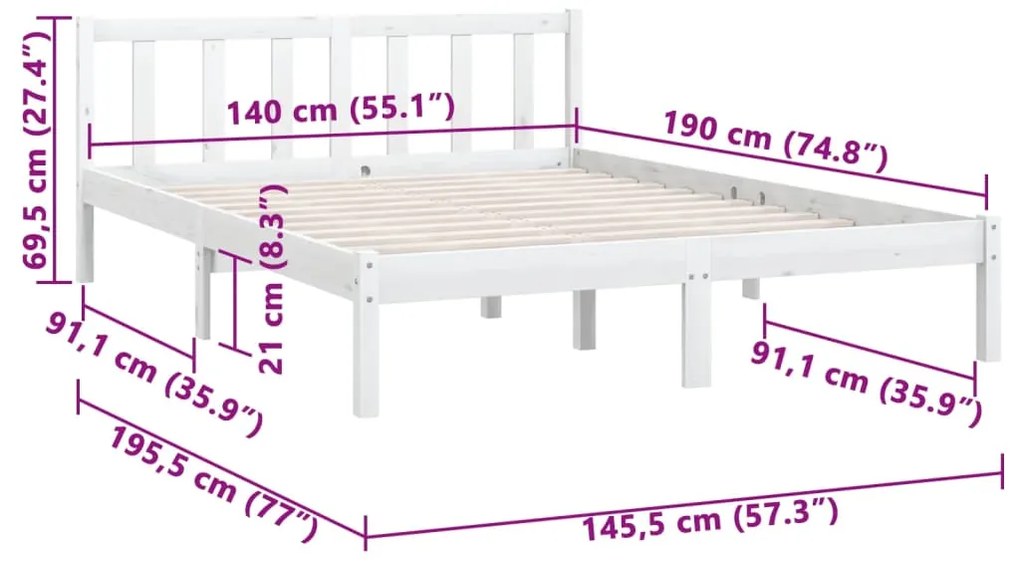 Estrutura de Cama Jane em Madeira de Pinho - 140x190 cm - Branco - Des