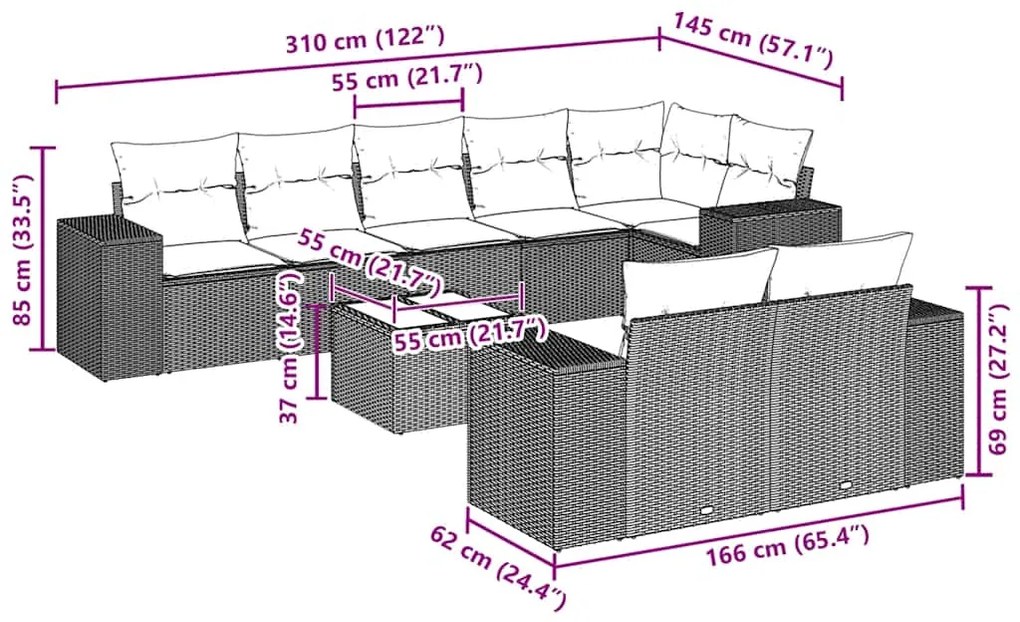 9 pcs conjunto de sofás p/ jardim c/ almofadões vime PE preto