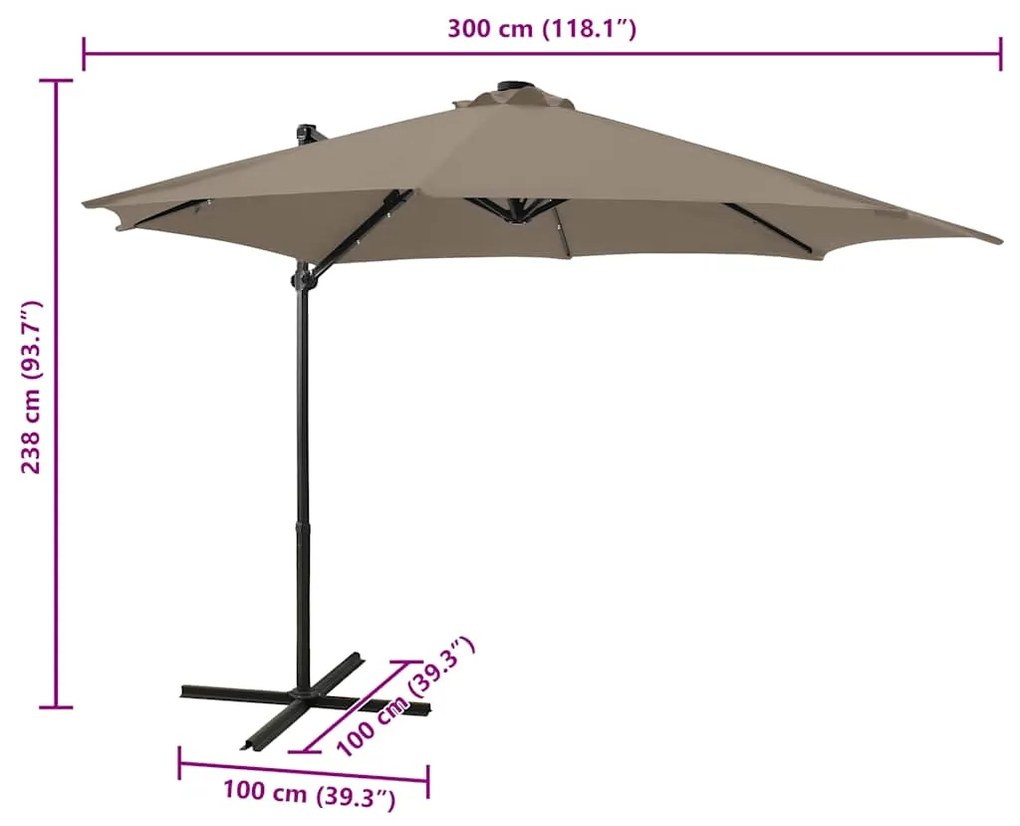 Guarda-sol jardim c/ poste e luzes LED 300 cm cinza-acastanhado