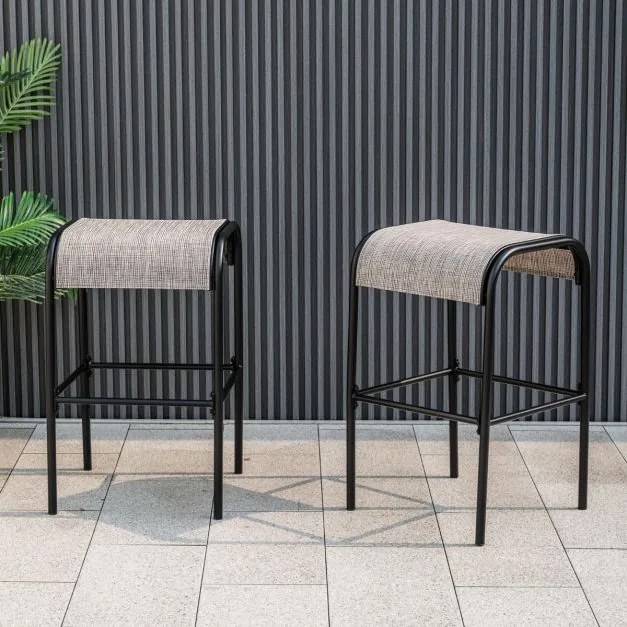 Conjunto de 2 bancos de bar em metal com 76 cm de altura e assento de tecido curvo sem encosto para pátio exterior, varanda e piscina Castanho + Preto