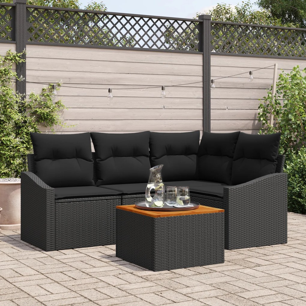 Conjunto de Sofá de 5 Peças para Jardim com Almofadas Preto Rattan Pol