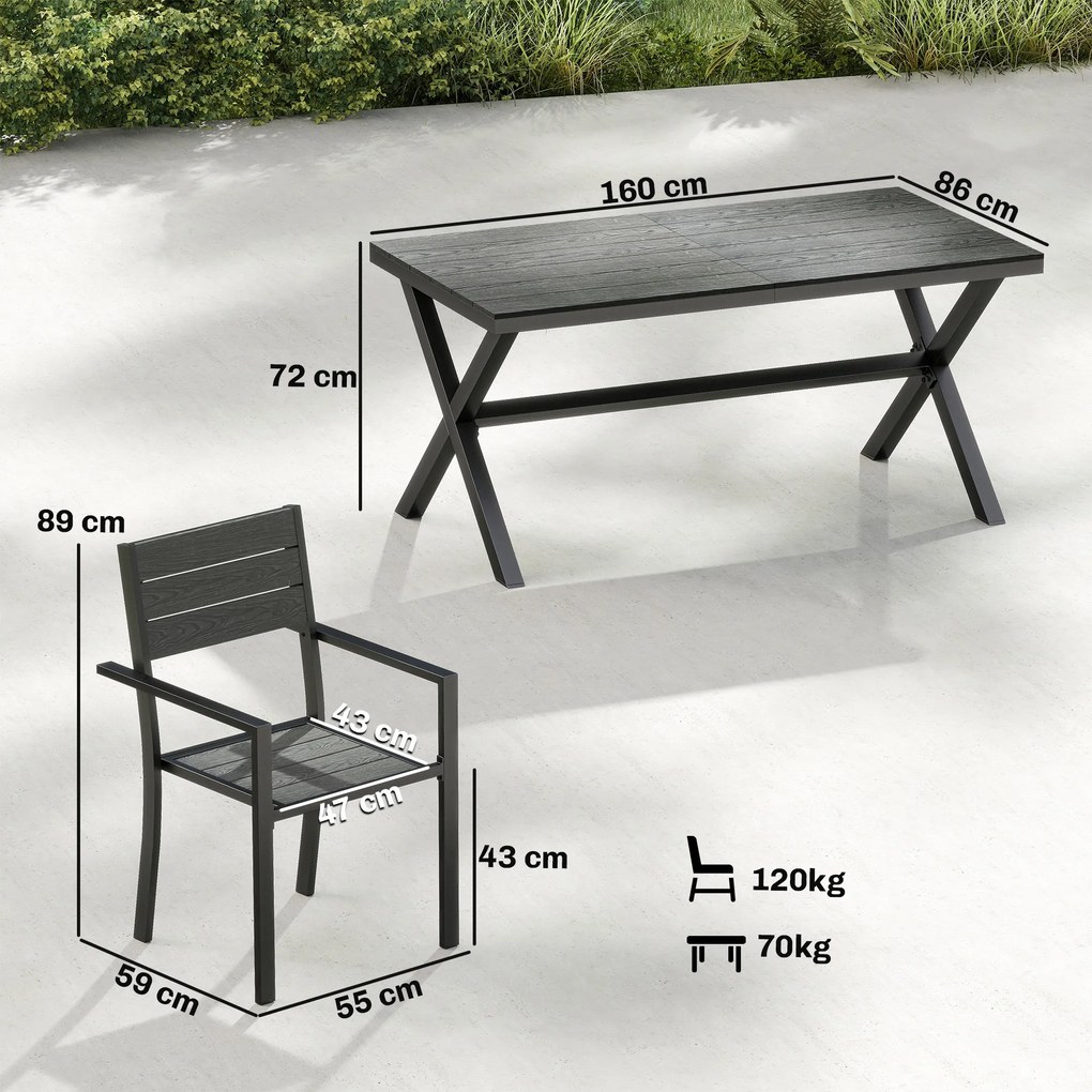 Conjunto de jantar de jardim de 7 peças para 6 pessoas, mesa e cadeiras empilháveis com ripas com efeito de madeira, estrutura em alumínio, cinzento