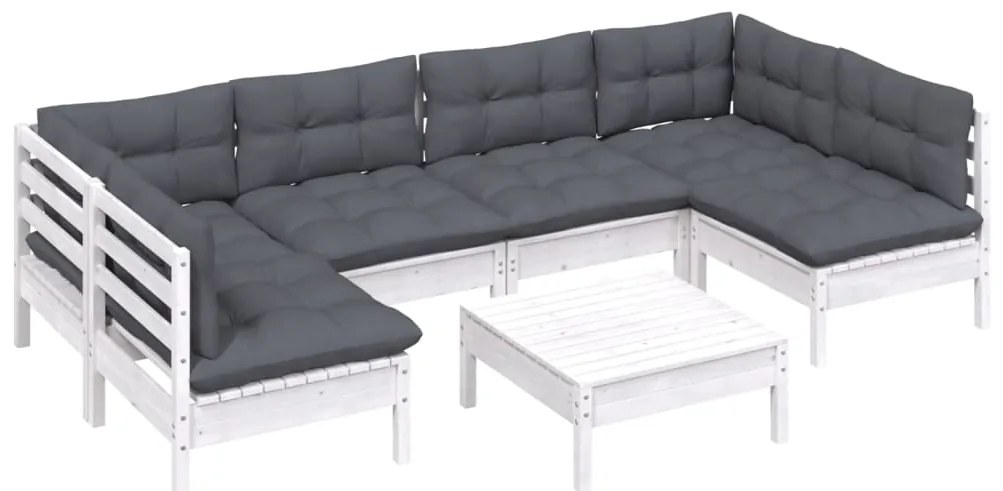 7 pcs conj. lounge de jardim c/ almofadões pinho maciço branco