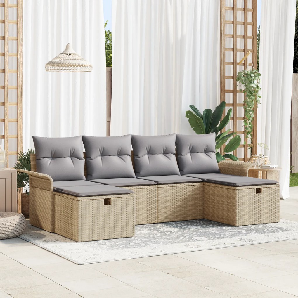Conjunto de Sofá de Jardim 6 Peças com Almofadas Bege Rattan Poliéster