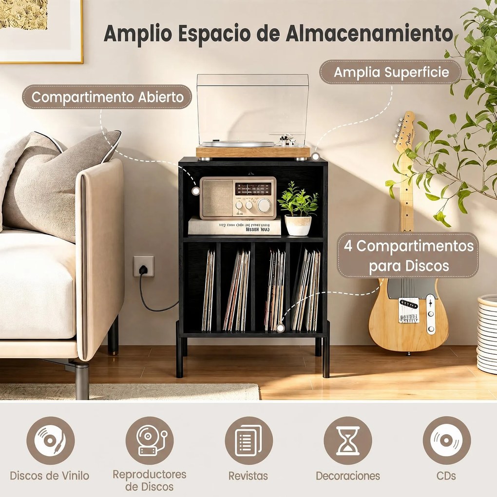 Móvel para Gira-Discos, 53 x 45 x 78,5 cm, Armazenamento de Discos e Carregamento USB e Tipo C, Preto