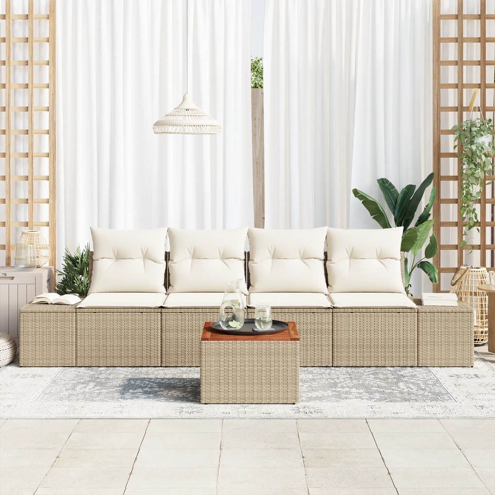 Conjunto de Sofás de Jardim de 5 Peças com Almofadas Bege Poli Rattan