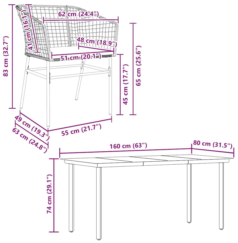 Conjunto jantar jardim 7 peças almofadas vidro vime PE castanho