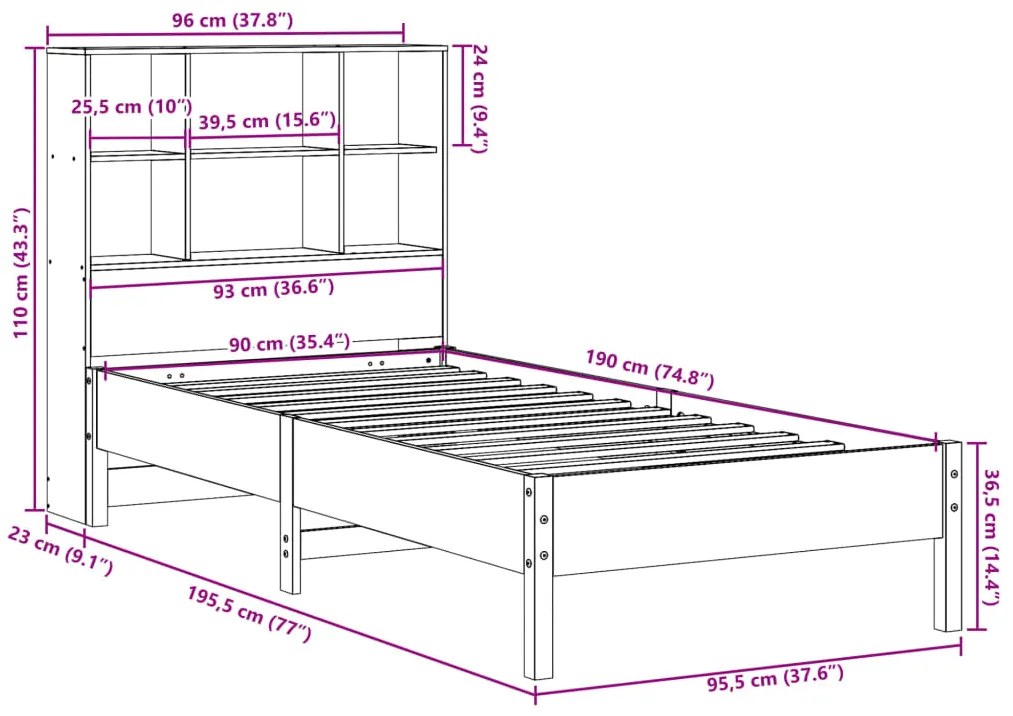 Cama com estante sem colchão 90x190 cm pinho maciço