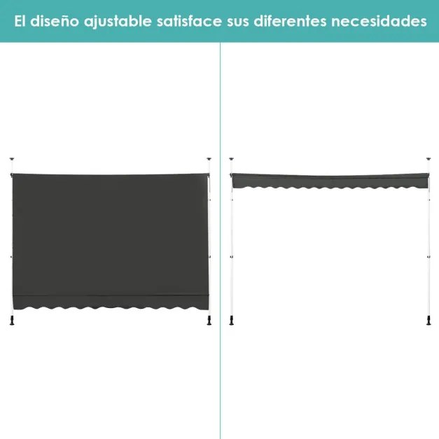 Toldo para terraço exterior 350 x 125 cm ajustável em altura 2-3 m com manivela manual e toldo manual resistente às intempéries para jardim e varanda