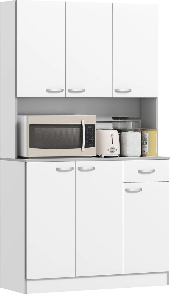 Armario de cozinha 101 x 39 x 180 cm contemporâneo com várias opções de arrumação, 6 portas, 1 gaveta + tabuleiro grande Branco
