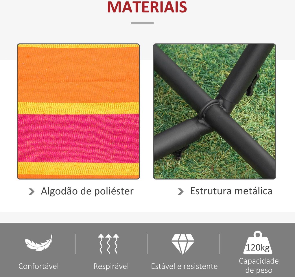 Rede descanso jardim com Suporte 310x117 cm com Bolsa de Transporte Altura Ajustável Capacidade 120 kg para Campismo Laranja