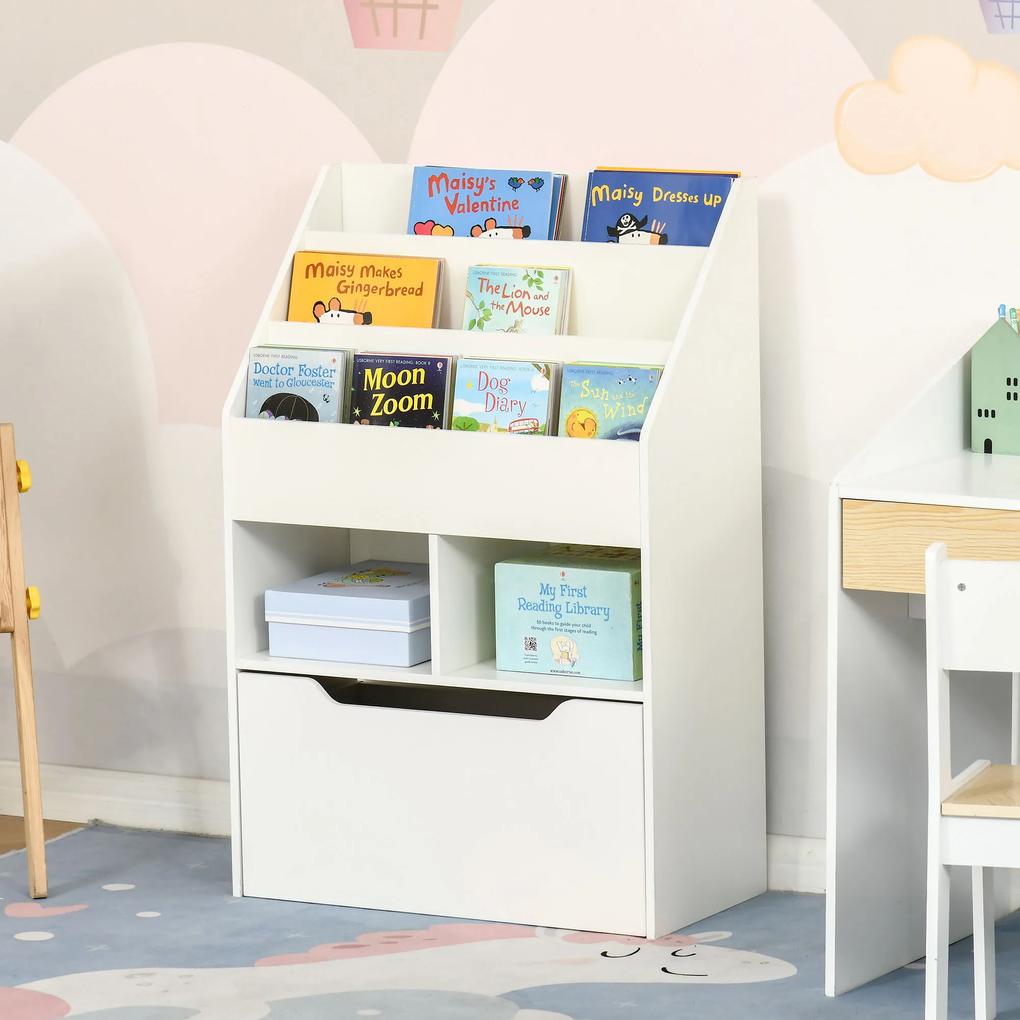 Estante de Madeira para Brinquedos com 3 Compartimentos 2 Cubos e Gaveta Móvel com 4 Rodas Estante para Livros Infantil para Dormitório Infantil Sala