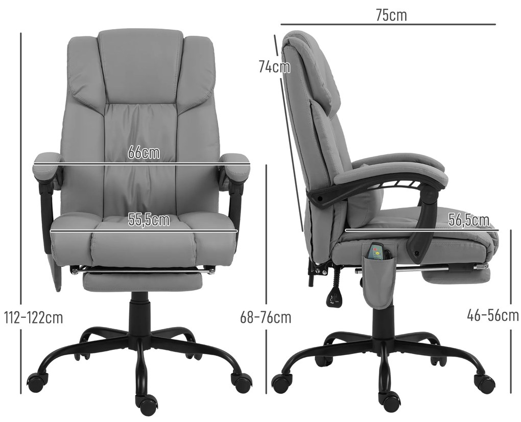 Cadeira de Escritório com Massagem de 6 Pontos Encosto Alto Reclinável Apoio para Pés e Controlo Remoto 66x75x112-122 cm Cinza