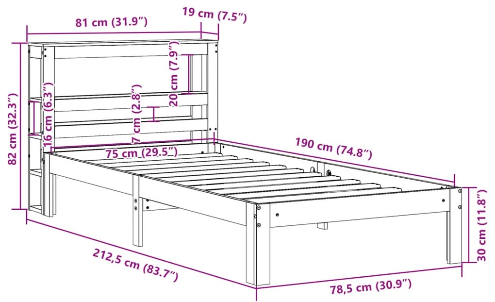 Estrutura de cama com cabeceira 75x190 cm pinho maciço