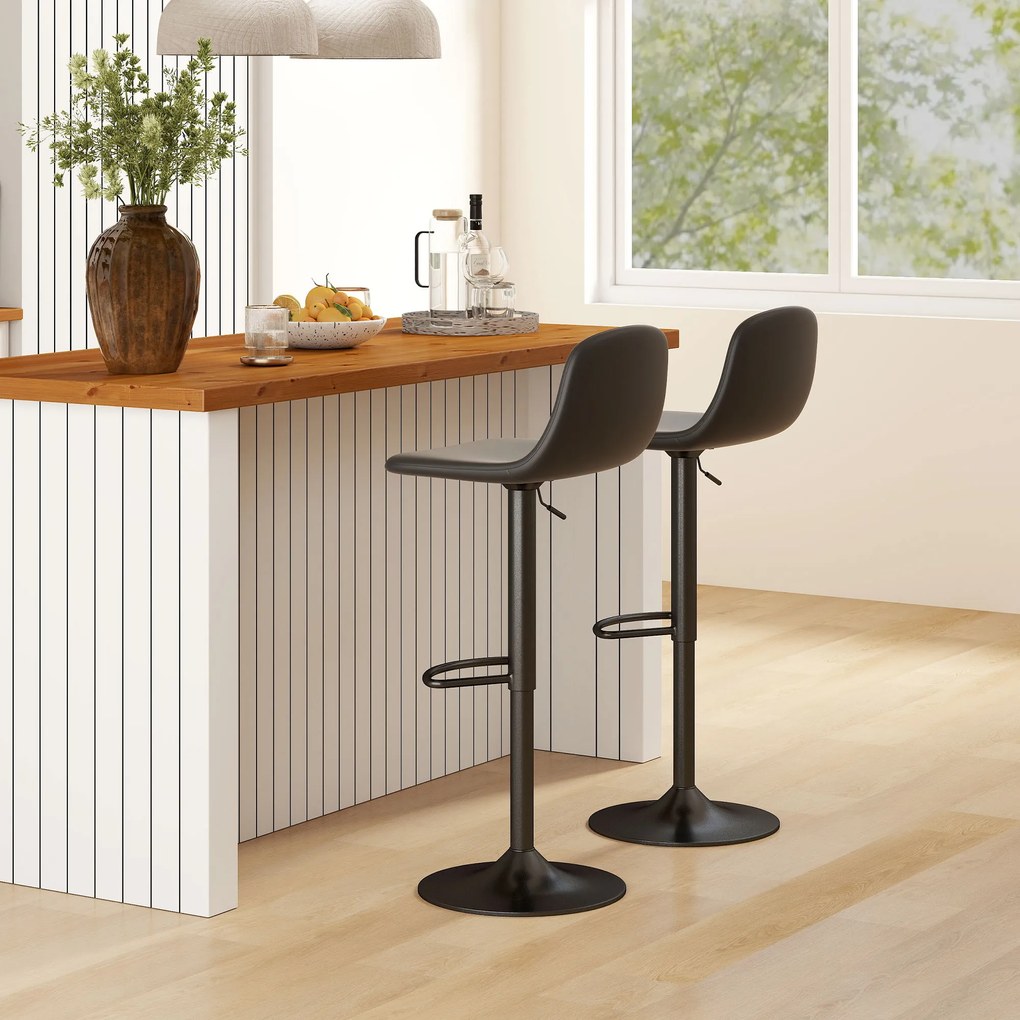 Conjunto 2 Bancos de Bar Reguláveis em Altura 84-104 cm com Encosto e Apoio para os Pés Estofadas em PU Giratórias em 360° Preto