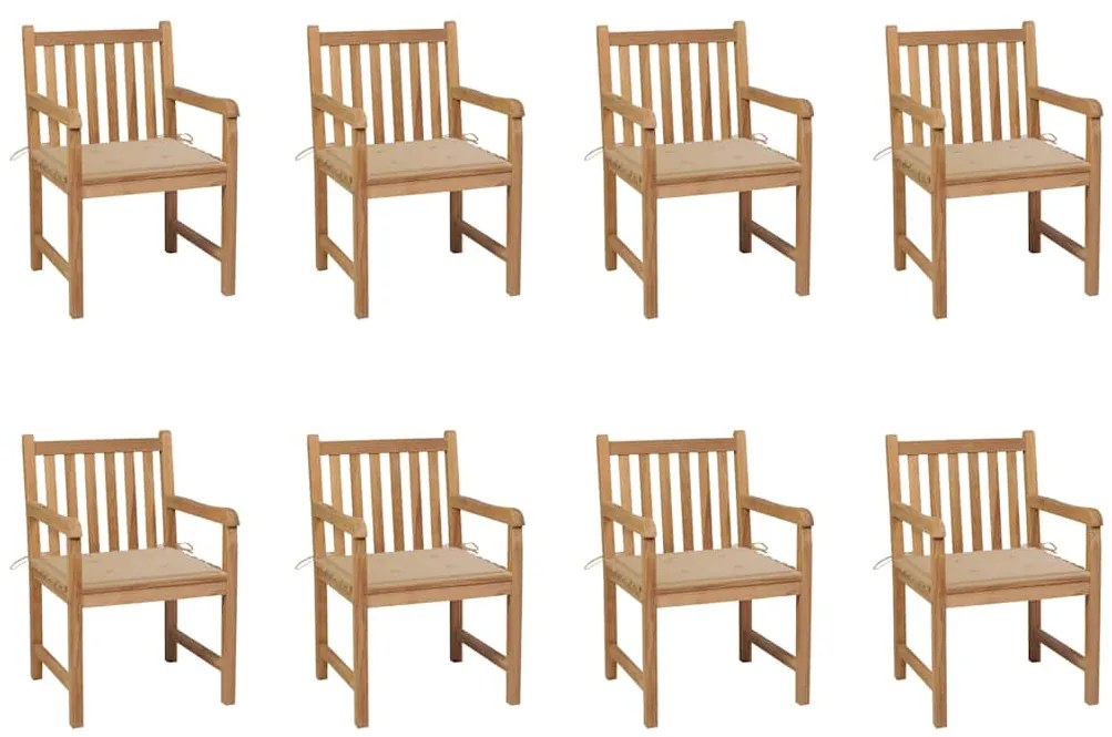 vidaXL Cadeiras de jardim c/ almofadões bege 8 pcs teca maciça