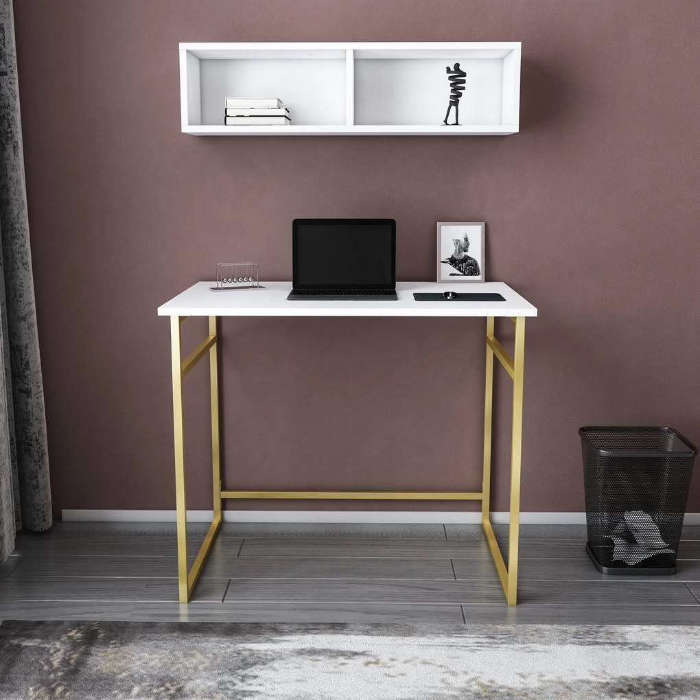 Mesa de Estudo Hussum – Dourado e Branco – 90x60x75 cm