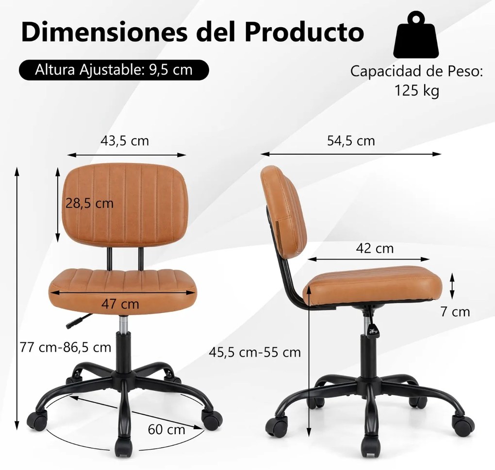 Cadeira de escritório pequena com rodas e apoio lombar, altura ajustável, rotação de 360°, cadeira de computador em couro sintético Castanha
