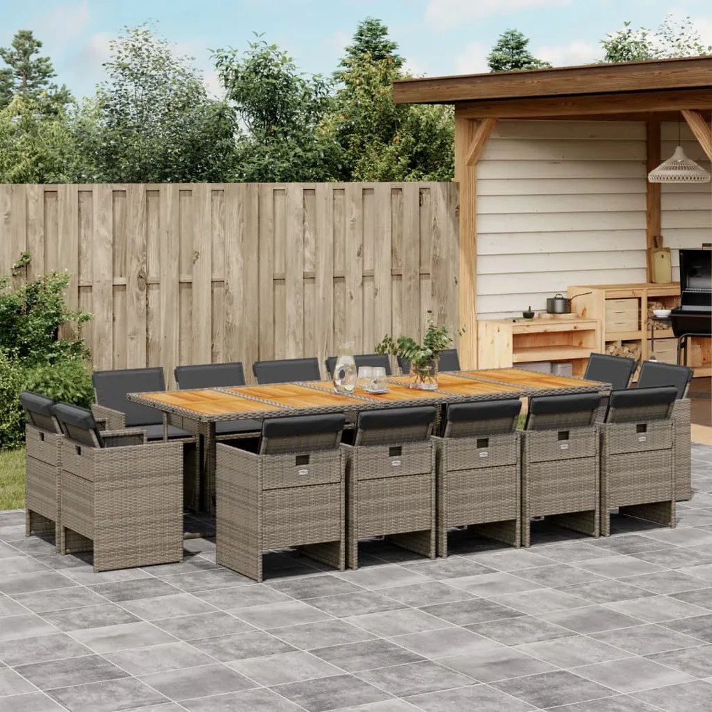 vidaXL 15 pcs conjunto jantar p/ jardim c/ almofadões vime PE cinzento
