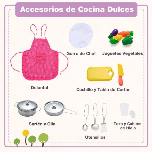 Cozinha de canto brincar em madeira 100 cm x 50 cm x 81 cm com lavatório separado Sons e luzes divertidos para crianças com mais de 3 anos Rosa